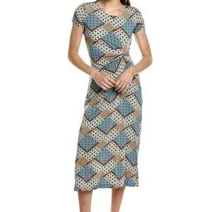 Elie Tahari Tropez Tile Print Wrap Midi Dress With Side Ruching Large NWT $275